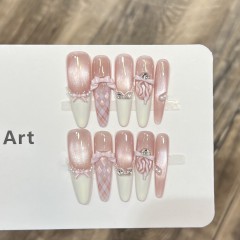 【尘烟】纯手工穿戴甲甜美纯欲美甲玻璃猫眼法式蝴蝶结甲片