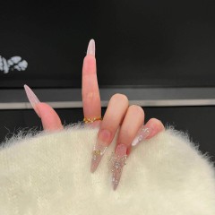 手工穿戴式美甲庄周梦蝶细狗甲长款假指甲粉色猫眼法式碎钻蝴蝶