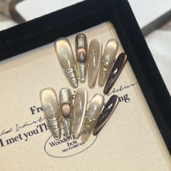 美甲贴星烁秘境穿戴甲手工咖色偏光猫眼美甲可拆卸锆石钻甲片