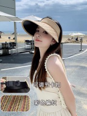 空顶防晒帽女夏季防紫外线大帽檐彩虹沙滩遮阳草帽骑车遮脸太阳帽