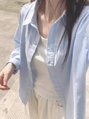 纯棉蓝色衬衫女春秋2026新款翻领内搭长袖衬衣外穿小个子韩系上衣