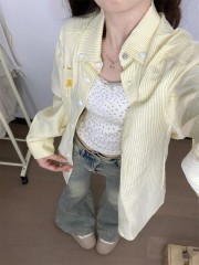 美式复古黄色条纹Polo领衬衫外套女春秋宽松休闲开衫慵懒chic上衣