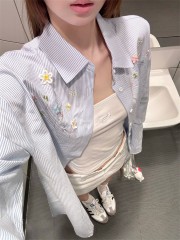 韩系蓝色衬衫女春秋季外套长袖开衫宽松polo衬衣花朵刺绣防晒上衣