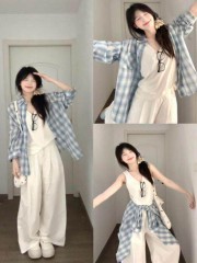 韩系松弛感格子衬衫女春夏季新款宽松慵懒风长袖衬衣外套休闲上衣