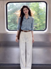 巨好看的穿搭一整套2026春季新款御姐气质蓝色牛仔衬衫两件套装女