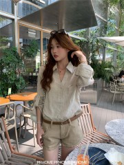 PPHOME自制~高智oni 老钱V领松弛感阔版亚麻长袖衬衫原麻防晒衬衫