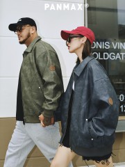 PANMAX大码潮牌男装美式复古廓形翻领机车PU皮夹克美拉德外套棉服